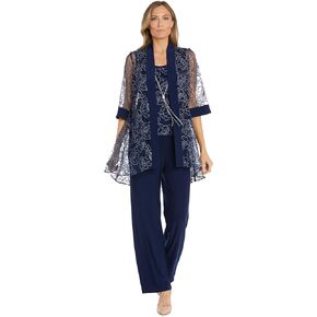 R&M Richards 3PC Glitter Embroidered Duster Jacket, Tank Top W/Attached Necklace and Pants Set.