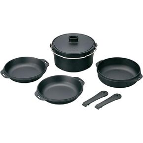 Snow Peak Cast Iron Duo Cooker - Cast Iron Cooking Set for Camping - Durable Cookware Set with Cast Iron Pot, Lid, Skillet, Plates, Handles & Storage Case