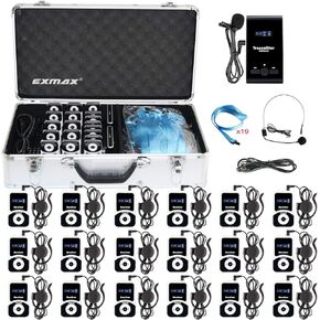EXMAX ATG-100T 195MHz Wireless Tour Guide System Voice Transmission Simultaneous Translation Equipment for Interpreter Conference Church Walking Tour (1 Transmitter 18 Receivers + 32-slot Charge Case)
