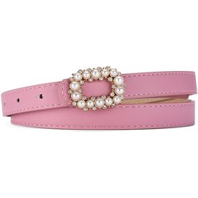 COTIM COYIN Women's Belt Elegant Pearl Shiny Rhinestone Rectangle Buckle Belt, Skinny Leather Adjustable Belt