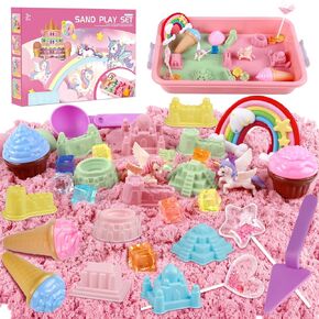 Kids Sand Art Kits: Unicorn Sensory Bin, Unicorn Toys & 2.2lbs Colorful Play Sand, Ice Cream Molds, Castle Molds, Tools, Sand Box with Lid, Christmas Birthday Gift for Girls Toddlers Ages 3 4 5 6 7 8