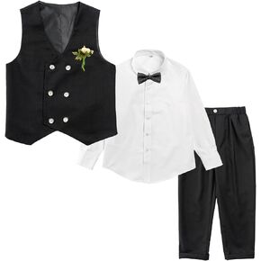 LOLANTA Boys' 4-Piece Formal Suit, Wedding Ring Bearer Outfit Vest Pants with Dress Shirt Bow Tie for Graduation 3-10 Years