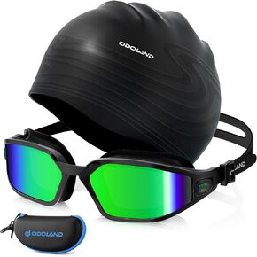 Odoland Swim Goggles Swimming Cap with Goggles Case, UV Protection, Silicone Swim Cap, No Leaking Anti Fog for Adult
