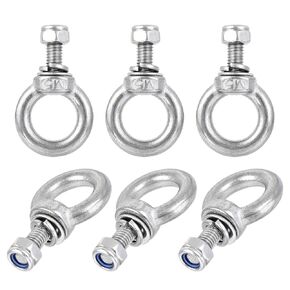 uxcell Lifting Eye Bolt M4 x 11mm Male Thread with Hex Screw Nut Gasket Flat Washer for Hanging Securing Chain Wire Rope, 304 Stainless Steel, 6 Sets