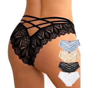 OLIKEME Sexy Cheeky Panties for Women Mesh Lace Criss Cross Bikini Underwear Breathable Wicking Briefs 4 Packs