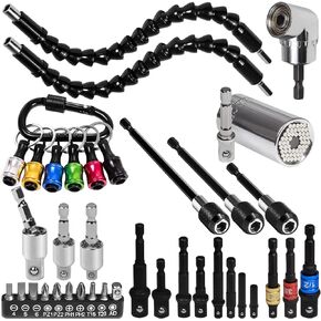 38Pcs Flexible Drill Bit Extension Set, 105° Right Angle Drill Attachment, Bendable Drill Extension, Rotatable Joint Socket 1/4 3/8 1/2 Inch Hex Socket Adapter, Screwdriver Bit Kit & Bits Holder