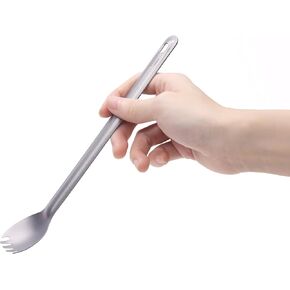 SANTTA Long Handle Spork, Ultralight Titanium (Ti) Spork | 8.46inch Long Handle for Stirring/Mixing | with a Carry Bag for Camping, Backpacking, Hiking