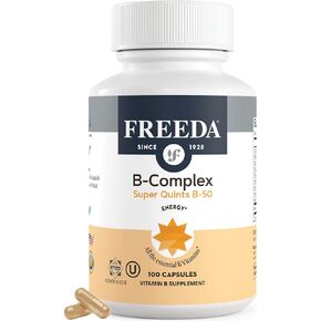 FREEDA Vitamin B Complex - Super Quints B-50 - Kosher Super B Complex Vitamin Supplement for Women & Men with Vitamin B1 Vitamin B2 Vitamin B3 Vitamin B6 Vitamin B12 Plus Folic Acid, 100 Capsules