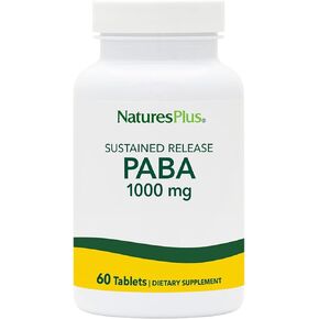 Natures Plus PABA, Sustained Release (para-Aminobenzoic Acid) - 1000 mg, 60 Vegetarian Tablets - Skin Health Support Supplement, Promotes Energy Production - Gluten-Free - 60 Servings