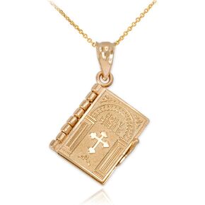 Religious Jewelry Polished 14k Gold 3D Holy Bible Book w/Lord's Prayer Pendant Necklace