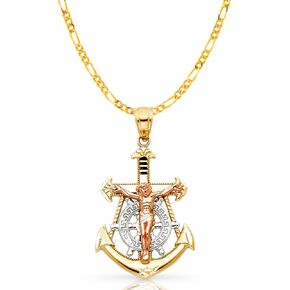 Ioka 14K Tri Color Gold Jesus Crucifix Anchor Pendant with 1.9mm Figaro 3+1 Chain Chain Necklace