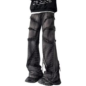 Hugboom Men's Baggy Jeans Y2k Hip Hop Pants Stacked Jeans for Women Mid Rise Fashion Grunge Streetwear Clothes Black