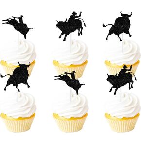 Black Glitter Dessert Cupcake Topper Cow Country Western Bull Riding Competition Theme Decorations Baby Shower Boys Girls Happy Birthday Decor Supplies 18pcs