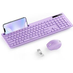 White Keyboard and Mouse Wireless, seenda Full-Size Keyboard with Phone Holder USB A & Type C Receiver 2.4G Silent USB Keyboard Mouse Compatible for Macbook and Windows Computer/Desktop/Laptop