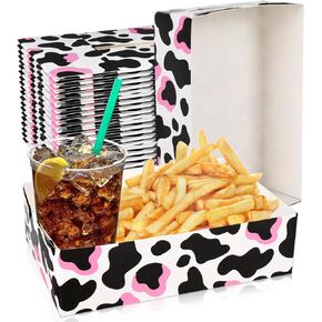 Whaline 30Pcs Cow Print Party Supplies Cow Party Favors Pink and Black Cow Paper Food Trays Cow Theme Birthday Party Favors Nacho Trays Paper Tray Hot Dog Trays for Camping Birthday Cow Party Supplies