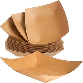 Eco Friendly, USA-Made 3lb Food Holder Trays 50 Pack. Compostable Kraft Paper Container for Diners, Concession Stands or Camping. Best Sturdy 3 Lb Disposable Party Snack Boat for Nachos, Tacos or BBQ
