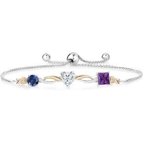 925 Sterling Silver and 10K Yellow Gold Customized and Personalized 3 Stone Round Heart and Princess Cut Gemstone Birthstone and Lab Grown Diamond Tennis Bracelet For Women By Keren Hanan