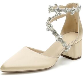 Hyinlays Women's Closed Pointed Toe Block Heel Satin Crystal Wedding Pump Shoes Chunky Low Heel Bridal Prom Heels Sandals