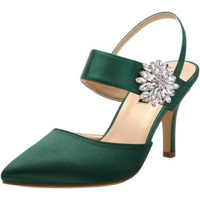 ERIJUNOR Mid Heel Shoes for Women Pointed Toe Slingback Rhinestone Brooch Satin Dress Pumps Evening Prom Wedding Shoes