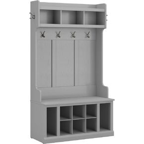 Bush Furniture Woodland Hall Tree and Shoe Storage Bench with Shelves | Foyer, Mudroom, Entryway Organizer, 40W, White Ash