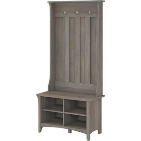 Bush Furniture Salinas Hall Tree with Shoe Bench | Entryway Storage Set | Mudroom Organizer with Coat Rack and Footwear Shelves, Small, Antique White