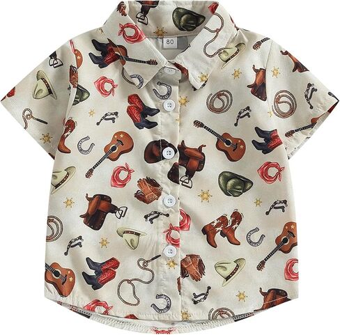 Baby Boy Western Summer Clothes Short Sleeve Aztec/Cow Print Shirt Button Down Lapel Top Baby Country Cowboy Shirt in Saudi Arabia