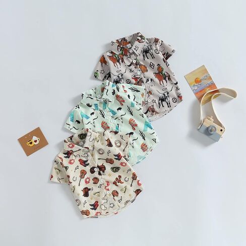 Baby Boy Western Summer Clothes Short Sleeve Aztec/Cow Print Shirt Button Down Lapel Top Baby Country Cowboy Shirt in Saudi Arabia