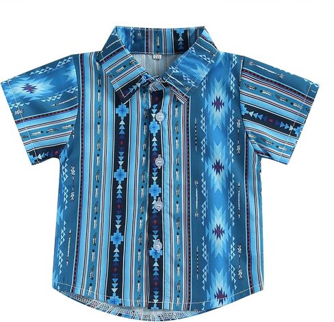 Baby Boy Western Summer Clothes Short Sleeve Aztec/Cow Print Shirt Button Down Lapel Top Baby Country Cowboy Shirt in Saudi Arabia