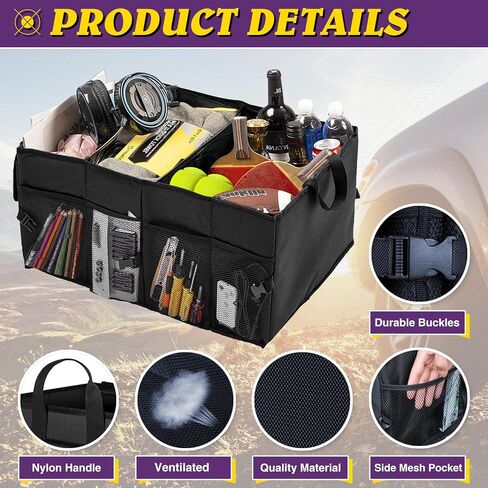 منظم صندوق السيارة ElekTonny، منظم تخزين صندوق السيارة القابل للطي، قابل للنقل لسيارات الدفع الرباعي، ملحقات سيارات السيدان للسفر (أسود) in Kuwait