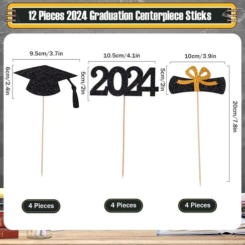 12 Pieces Glitter Graduation Centerpiece Sticks, 2024 Centerpiece Sticks, 2024 Picks Cake Topper Floral Picks for Class of 2024 High School College Graduation Party (Gold) in Saudi Arabia