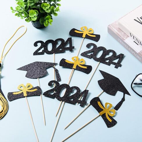 12 Pieces Glitter Graduation Centerpiece Sticks, 2024 Centerpiece Sticks, 2024 Picks Cake Topper Floral Picks for Class of 2024 High School College Graduation Party (Gold) in Saudi Arabia