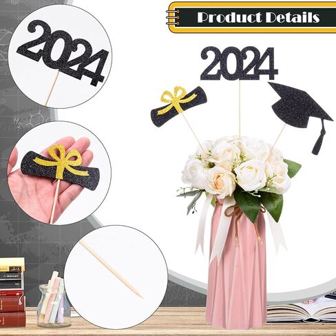 12 Pieces Glitter Graduation Centerpiece Sticks, 2024 Centerpiece Sticks, 2024 Picks Cake Topper Floral Picks for Class of 2024 High School College Graduation Party (Gold) in Saudi Arabia