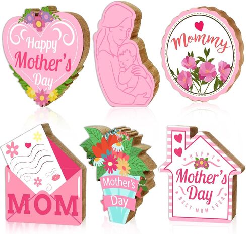 cuixinclt 6 قطع ديكورات عيد الأم قطع مركزية خشبية مزدوجة الجوانب لتزيين طاولة عيد الأم السعيدة باللون الوردي، تزيين طاولة الأم، ديكور طاولة متدرج للحفلات in Kuwait