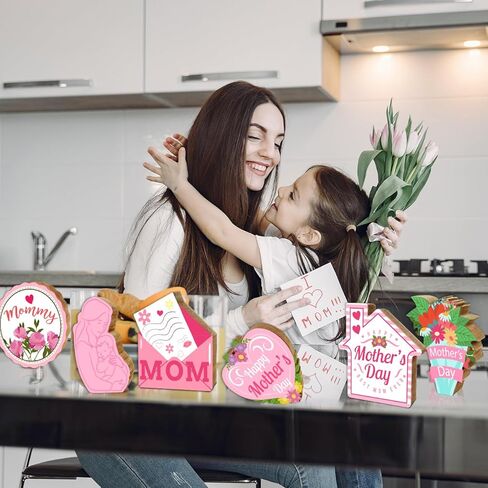 cuixinclt 6 قطع ديكورات عيد الأم قطع مركزية خشبية مزدوجة الجوانب لتزيين طاولة عيد الأم السعيدة باللون الوردي، تزيين طاولة الأم، ديكور طاولة متدرج للحفلات in Kuwait