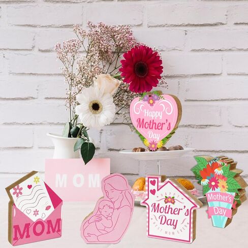 cuixinclt 6 قطع ديكورات عيد الأم قطع مركزية خشبية مزدوجة الجوانب لتزيين طاولة عيد الأم السعيدة باللون الوردي، تزيين طاولة الأم، ديكور طاولة متدرج للحفلات in Kuwait