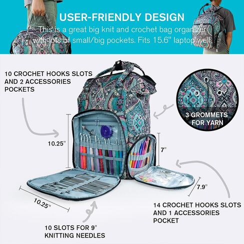 منظم حقيبة كروشيه، حقيبة ظهر منظم حياكة الكروشيه مقاس 15.7 بوصة، حقائب وحقائب كروشيه مزدوجة الخدمة لحقائب تخزين غزل الحياكة في المنزل/السفر، سعة كبيرة، الكثير من الجيوب، سهلة الاستخدام in Kuwait