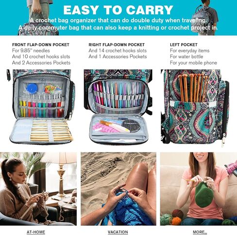 منظم حقيبة كروشيه، حقيبة ظهر منظم حياكة الكروشيه مقاس 15.7 بوصة، حقائب وحقائب كروشيه مزدوجة الخدمة لحقائب تخزين غزل الحياكة في المنزل/السفر، سعة كبيرة، الكثير من الجيوب، سهلة الاستخدام in Kuwait