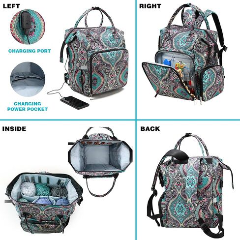 منظم حقيبة كروشيه، حقيبة ظهر منظم حياكة الكروشيه مقاس 15.7 بوصة، حقائب وحقائب كروشيه مزدوجة الخدمة لحقائب تخزين غزل الحياكة في المنزل/السفر، سعة كبيرة، الكثير من الجيوب، سهلة الاستخدام in Kuwait