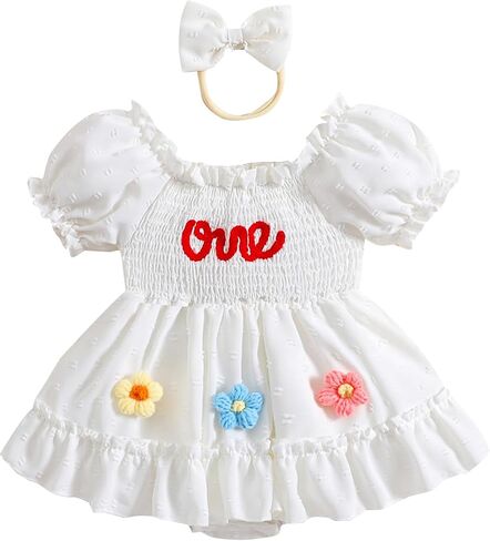 AEEMCEM Baby Girl 1st Birthday Outfit One Embroidery Smocked Romper Dress Short Sleeve Pleated Jumpsuit Bodysuit Headband Set in Saudi Arabia