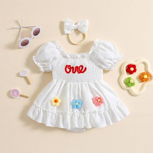 AEEMCEM Baby Girl 1st Birthday Outfit One Embroidery Smocked Romper Dress Short Sleeve Pleated Jumpsuit Bodysuit Headband Set in Saudi Arabia