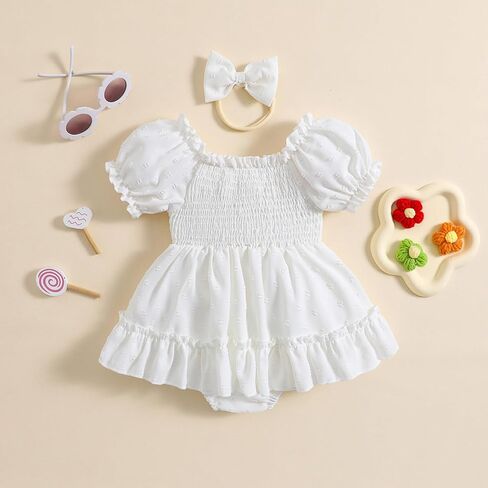 AEEMCEM Baby Girl 1st Birthday Outfit One Embroidery Smocked Romper Dress Short Sleeve Pleated Jumpsuit Bodysuit Headband Set in Saudi Arabia