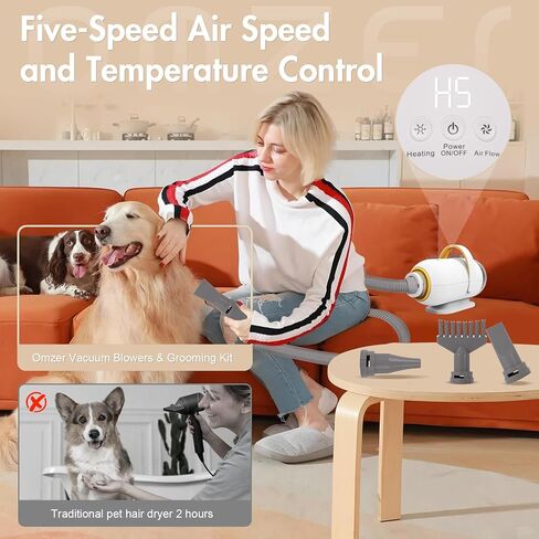 omzer Dog Dryer Pet Blower - 5.2HP/3200W High Velocity Professional Pet Blow Dryer for Large Dogs - Smart Adjustable Temperature Pet Hair Grooming Dryer with 4 Nozzles in Kuwait
