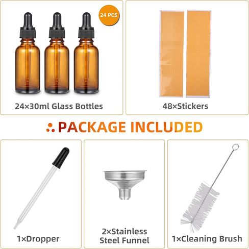 Fashionwu Dropper Bottle 1 oz, 24 Pieces Eye Dropper Bottle, 30ml Amber Glass Bottle for Essential Oils, Liquids, Essential Oil Dropper Bottle with 3pcs Stainless Steel Funnels, Long Glass Dropper in Saudi Arabia