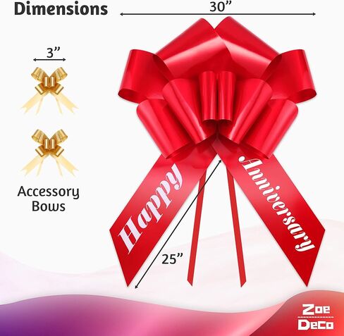 Zoe Deco Happy Anniversary Car Bow (Red, 30 inch), Giant Gift Bow Pre-Printed with Happy Anniversary, Big Bow for Car, Anniversary Bow, Huge Car Bow, Bow for Gifts, Bow for Cars, Gift Wrapping in Kuwait