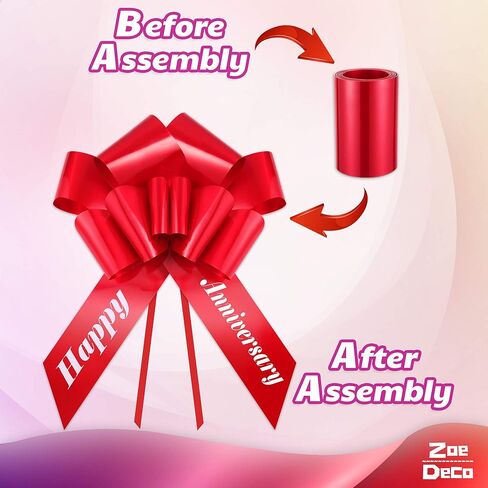 Zoe Deco Happy Anniversary Car Bow (Red, 30 inch), Giant Gift Bow Pre-Printed with Happy Anniversary, Big Bow for Car, Anniversary Bow, Huge Car Bow, Bow for Gifts, Bow for Cars, Gift Wrapping in Kuwait