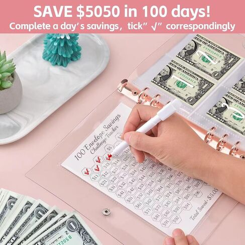 MZLUWM 100 ظرف تحدي توفير المال، 100 ظرف تحدي الموثق، حافظة الميزانية لتوفير المال مع جيوب مرقمة مسبقًا - كتاب تحديات التوفير لتوفير 5,050 دولارًا in Kuwait
