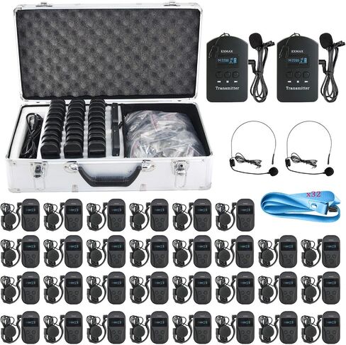 EXMAX EXD-101 2.4GHz Wireless Tour Guide Voice Transmission System for Exhibition Summit Interpretation Bus Tour City Sightseeing Live Explanation - 2 Transmitters 30 Receivers & 32-slot Charging Case in Saudi Arabia