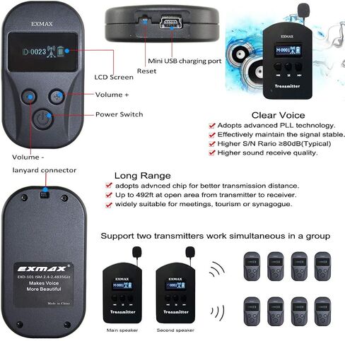 EXMAX EXD-101 2.4GHz Wireless Tour Guide Voice Transmission System for Exhibition Summit Interpretation Bus Tour City Sightseeing Live Explanation - 2 Transmitters 30 Receivers & 32-slot Charging Case in Saudi Arabia