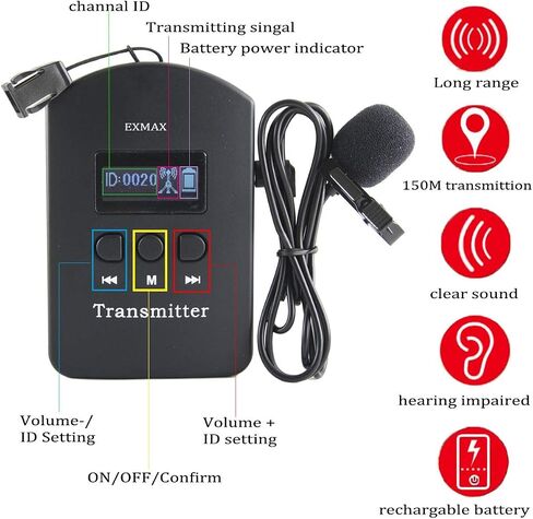 EXMAX EXD-101 2.4GHz Wireless Tour Guide Voice Transmission System for Exhibition Summit Interpretation Bus Tour City Sightseeing Live Explanation - 2 Transmitters 30 Receivers & 32-slot Charging Case in Saudi Arabia