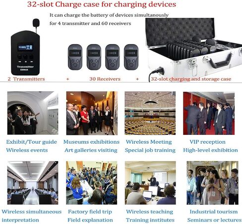EXMAX EXD-101 2.4GHz Wireless Tour Guide Voice Transmission System for Exhibition Summit Interpretation Bus Tour City Sightseeing Live Explanation - 2 Transmitters 30 Receivers & 32-slot Charging Case in Saudi Arabia